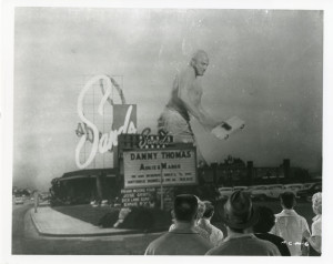 Colonel Glenn Manning (Glenn Langan) on the rampage through Las Vegas in The Amazing Colossal Man (1957).